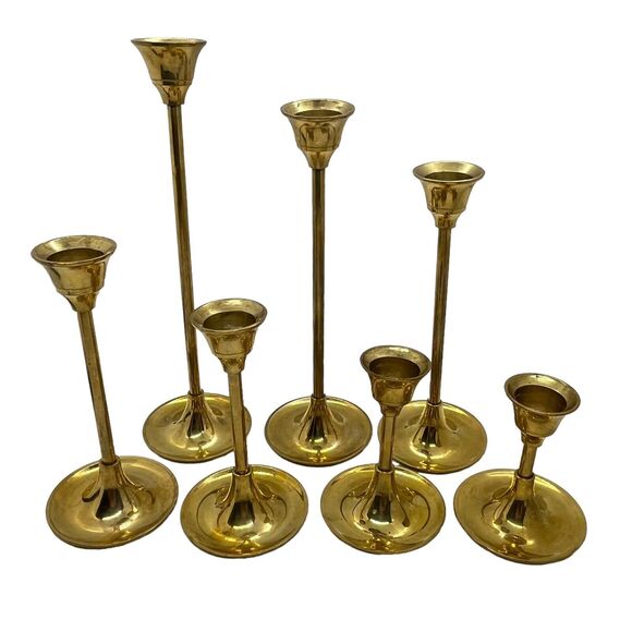 Brass Candlestick Holders Graduated Set of Seven Vintage Wedding Mantle Holiday